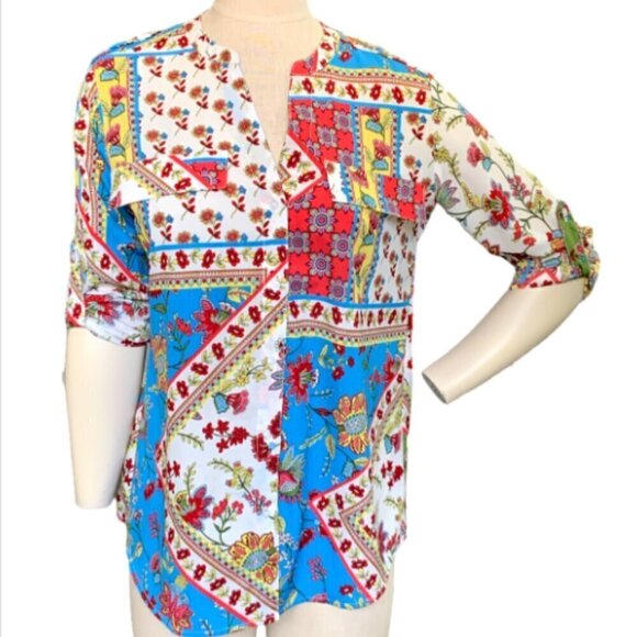 Calvin Klein Button Front Shirt Sz S Mixed Print Floral Patchwork Colorful #11H - Picture 4 of 8